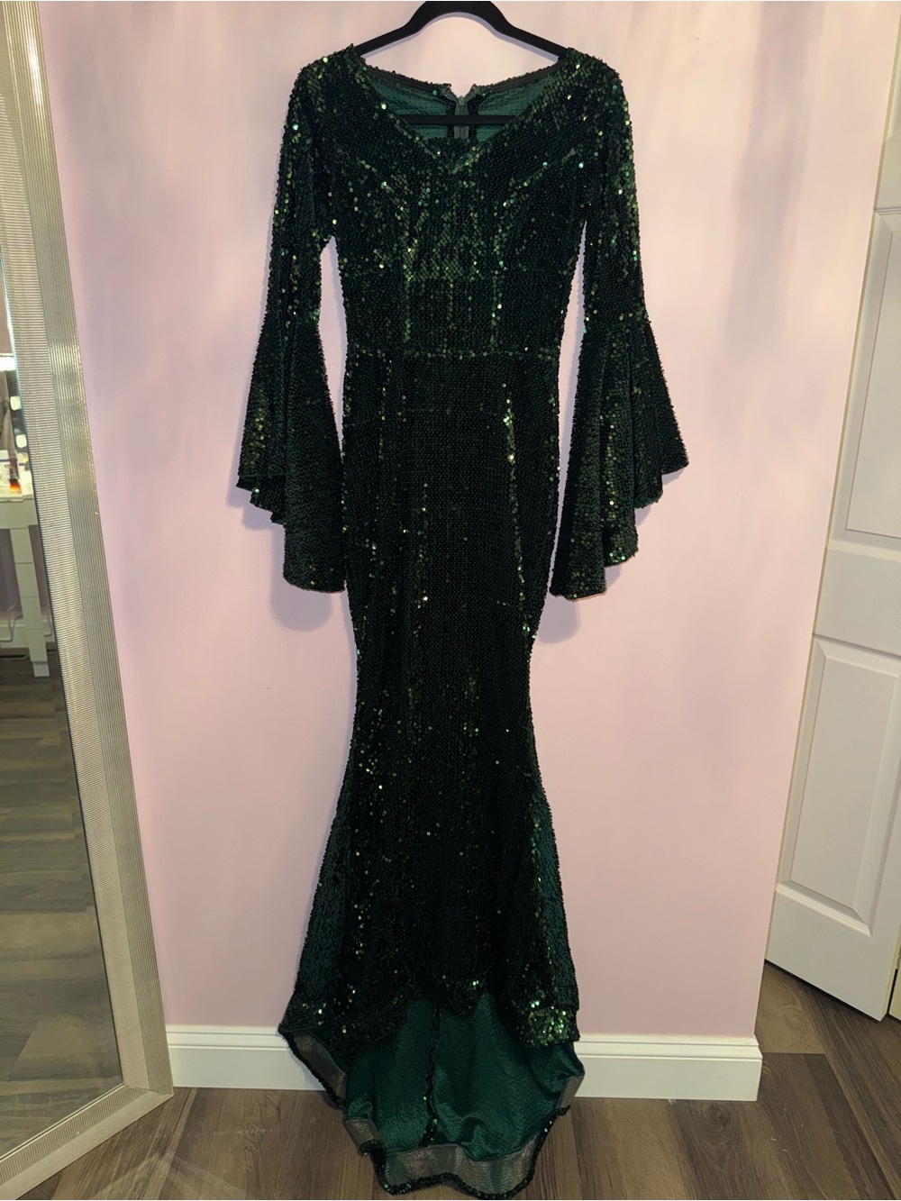 Emerald Green Sequin Mermaid Gown with Flared Sleeves
